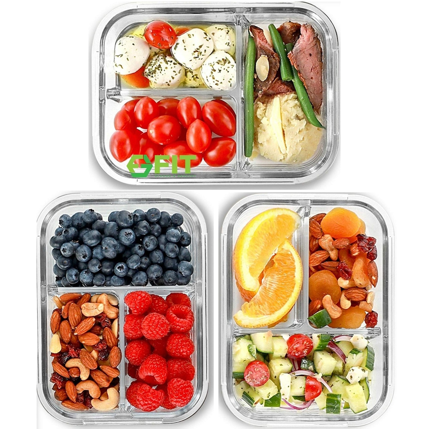 FIT Strong & Healthy Glass Meal Prep Containers 3 Compartment - Bento ...