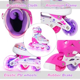 Kids Inline Skates for Girls and Boys -Rose Red Blades Roller for Kids Youth Age 7 8 9 10 - Adjustable All Light up Wheels Indoor Outdoor Sports Birthday Gift for Son and Grandson