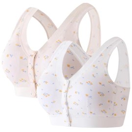 2 Pack Women Button Front Closure Bras Wireless Cotton Everyday Soft Cup (no Pads) Bras for Medium Elderly