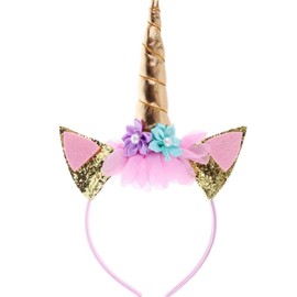 KOMUNJ Unicorn Headband with Horn Ears and Flowers, Unicorn Headband Birthday Women's Hair Accessories for Easter Birthday Party Carnival, Head Accessories Party Decoration (Pink, L)