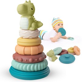 Fantocemea Baby Toy Set of 7 Montessori Early Learning Toy, Green Small Dinosaur Stacking Tower Baby, for 6 12 18 Months Baby Gift