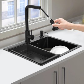 Kitchen Single Bowl Sink Stainless Steel Sink w/ Drain Basket & Pull-out Faucet