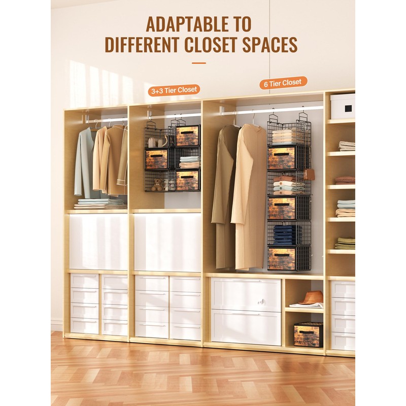 Closet Hanging Organizer with Drawers, 6 Tier Metal Closet Organizers