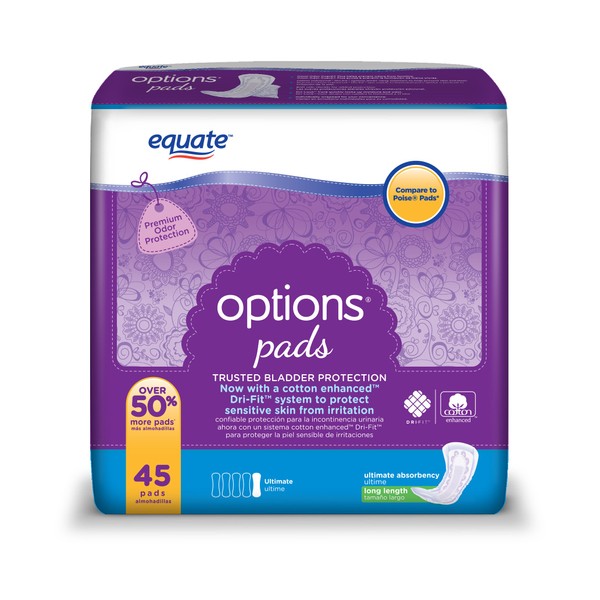 Equate Options Incontinence Pads for Women, Ultimate, Long Length, 45 Ct