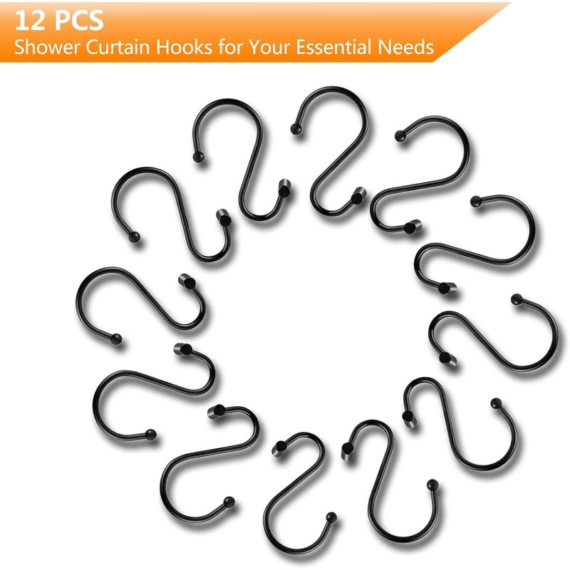 12 Pack Shower Curtain Hooks,Black Shower Curtain Hooks, Metal Durable