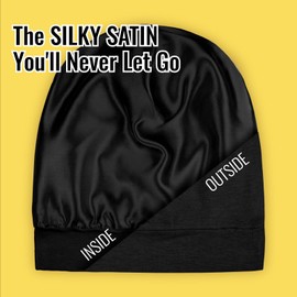 Satin Lined Sleep Cap and Scrunchie for Curly Hair and Braids, Stay On All Night Hair Wrap with Adjustable Strap for Women and Men, Black