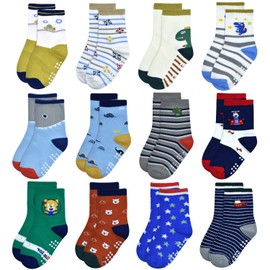ELUTONG Baby Boys Socks with Grip Non Slip Toddler Socks Anti Skid Crew Socks for 3-5 Years Babies Infants Kids(12 Pairs)