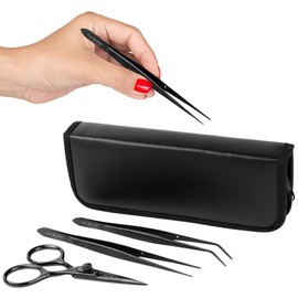 O'Creme Stainless Steel Precision Kitchen Culinary Fine-Tip Tweezer Tongs 6-1/2 inch straight and 6-3/8 inch Curved, Plus Super Sharp Chef Scissors, Total 3 Pieces Set (Black)