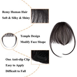Elailite Hair Fringe Clip in Human Hair Wispy Air Bangs (Super Thin) - 100% Real Remy Natural Hair Bangs 5 Inch With Temples Hair Piece 15g - #1B Natural Black