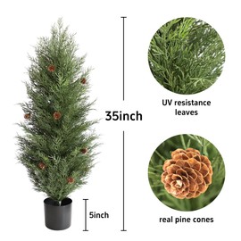 Artificial Cedar Topiary Trees with Pine Cone Faux Cypress Fake Cedar Tree 35 Inch Pine Tree Fake Potted Plants for Home Indoor Outdoor Decor(Set of 2)