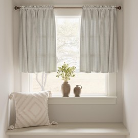 TOPICK Striped Kitchen Curtains for Living Room Bedroom Bathroom Cupboard 36 Inch Drop Linen Blend Short Curtain Tiers Light Filtering Cafe Curtains Rod Pocket Grey on Beige 2 Panels