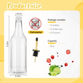 Dandat 20 Pcs 32 oz Plastic Long Neck Bottles with Pourer and Caps Plastic Juice Pour Bottles with Stainless Steel Pourer Tapered Spout for Liquor Juice Store (Gold)