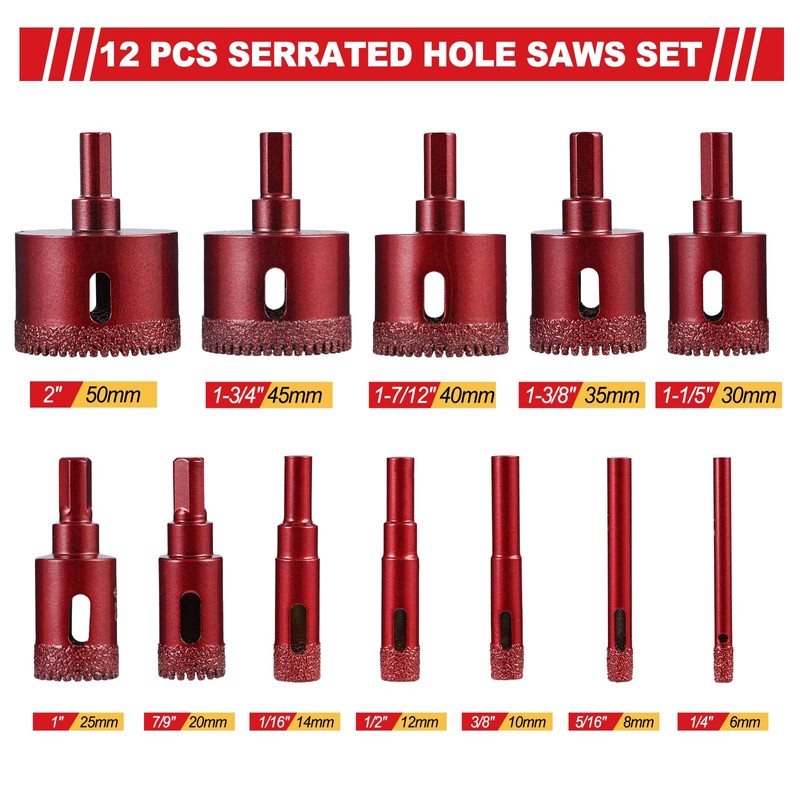 Diamond Hole Saw Tile Drill Bits Kit, 12 PCS Serrated