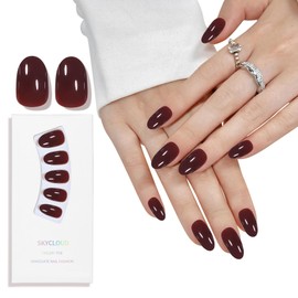 SKYCLOUD Press On Nails Short Almond Fake Nails Tips With ABS Natural Soft Gel,24 Pcs Nail Kit Cover Artificial Glossy Reusable Stick On False Nails For Women（Almond Wine Red） SK0704
