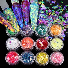 SILPECWEE 12 Boxes Aurora Nail Foil Candy Nail Stickers Glass Paper Nail Art Stickers Iridescent Cellophane Nail Designs Stickers Holographic Nail Film 3D Nail Decoration for Acrylic Nails