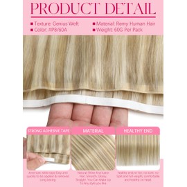 Lacer 20 Inch Tape in Hair Extensions Genius Weft Real Human Hair Hand Tied Color Light Brown Highlight Weft Tape in 60G