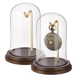 PH PandaHall 2pcs 4x5 inch Pocket Watch Display Dome Cloche with Metal Hook Decorative Watch Display Jar with Wood Base Glass Display Dome Showcase for Pocket Watch Medals Collectibles Photos Ornament