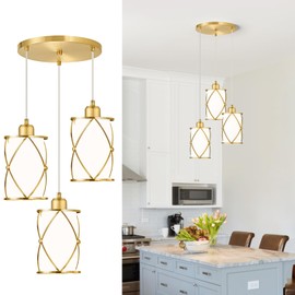 Osimir Brushed Gold Pendant Light Fixtures, 3-Light Dining Room Chandeliers with Frosted Glass, Modern Cluster Hanging Pendant Lighting for Kitchen Island Sink Bedroom, CH9176BGW3