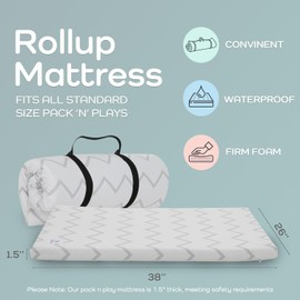 Waterproof Pack and Play Mattress Pad - 38" x 26" | Roll Up Style - Breathable Soft Memory Foam - Portable Mattress Topper- Baby Foam Mattresses for Babies - Includes Easy Carry Buckle