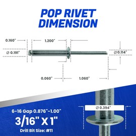 Fastenere Pop Rivets - 3/16" x 1" (50 pcs) Heavy Duty, Open-End, Low Carbon Steel, Dome-Head Blind Rivets, Corrosion-Resistant & High Shear Strength, 6-16 Gap 0.876"-1.00"