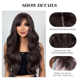 Dark Brown Wig with Bangs, Wavy Wigs for Women Synthetic Hair Wig for Daily Party Use 26 Inch