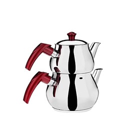 DESTALYA Turkish Teapot Set Mini, Stainless Steel Double Tea Pots for Stove Top, Tea Maker with Handle, Samovar Style Self-Strained Tea Kettle, Water Heater Warmer (Mini with Red Handles)