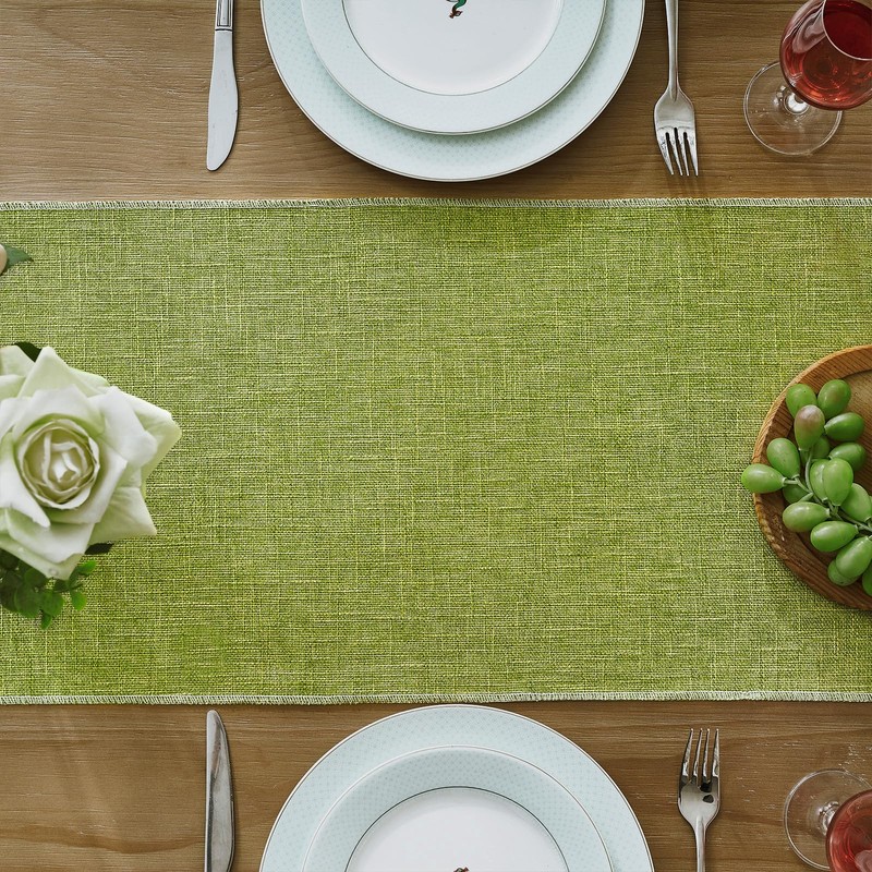 Green Table Runner in Country House Style, Rustic Linen Coffee