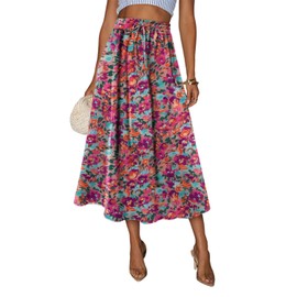 Magritta Women’s Bohemian Ditsy Floral Midi Skirt High Waisted Elastic Flowy Design for Beach Party Holiday Flower Orange Small Size
