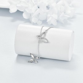 Hancock - Collar de mariposa doble lariat para mujer, estilo Y, collar en capas, colgante de mariposa, con circonita cúbica, joyería de mariposa delicada, regalo, Plata esterlina, Diamantes de