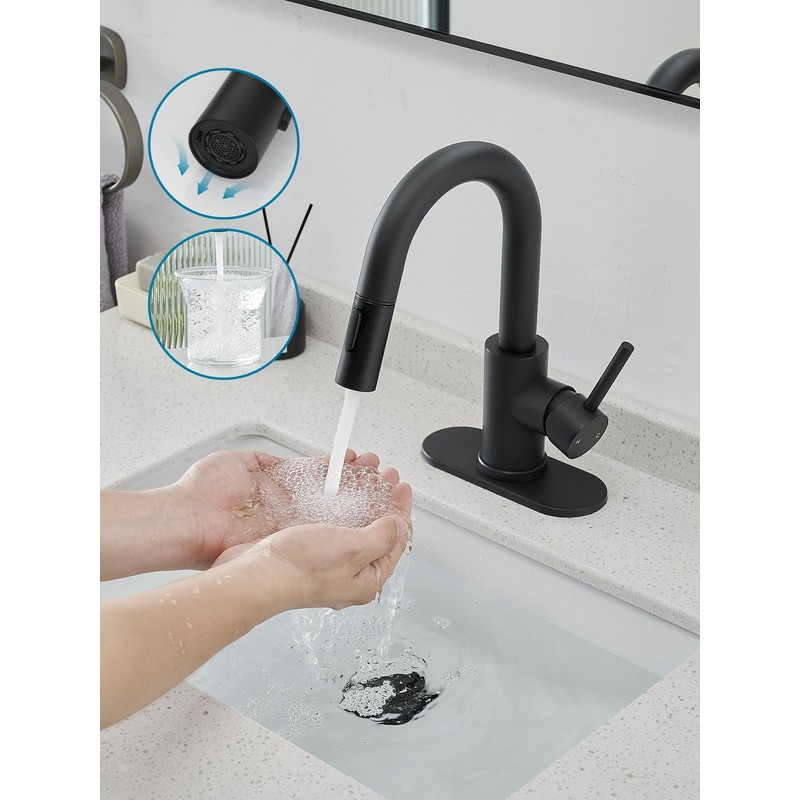 Black Bathroom Sink Faucet with Pull Out Sprayer for Sink