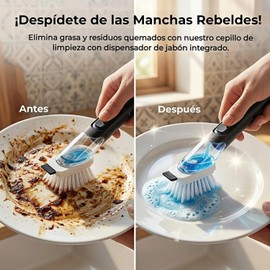 Cepillo de Limpieza de Cocina con 2 Cabezales Intercambiables, Dispensador de Jabón Integrado, Raspador para Manchas Rebeldes, Mango Antideslizante para Platos, Ollas y Fregaderos