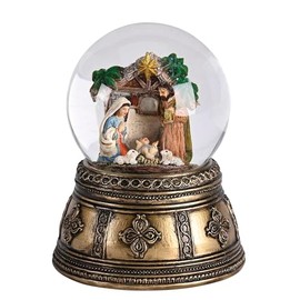 Dickson's Nativity Holy Family - Sheep - Gold Tone Base - 6 x 4.63 Inch Multicolor Resin Glitter Snow Globe