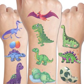 CHARLENT 110 Glitter Styles Dinosaur Temporary Tattoos for Children, 14 Sheets Glitter Dinosaur Tattoos for Boys Girls Dino Birthday Party Favours Goodie Bag Fillers