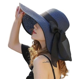 Women Beach Sun Hats, Big Wide Brim Straw Hat for Women UPF 80+ UV Protection, Summer Hats Packable Foldable (Dark Blue)