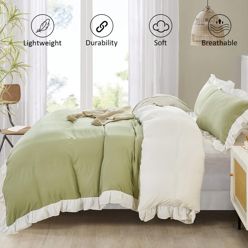 3 Pieces Green White Ruffle Frills Design Bedding Sets for