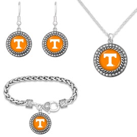 Tennessee Volunteers 3 Piece Jewelry Set- Necklace, Bracelet, and Earrings Collection- Vols Orange Emblem Pendant with Bling Rhinestones- Ideal UTenn Logo Gift Set for Women, Girlfriend, BFF