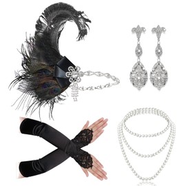 Cizoe 1920s Great Gatsby Accessories Set for Women, Flapper Headband Headpiece Roaring 20s Flapper Girl Costume Accessories Set(black)