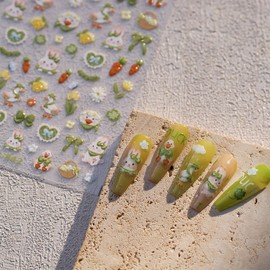 5D Embossed Easter Nail Stickers Green Flower Nail Art Stickers Self-Adhesive Rabbit Carrot with Design Nails Decals for Women Nail Supplies Art