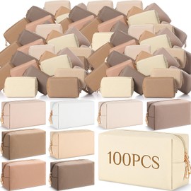 Cunno 100 Pcs Aesthetic Makeup Bags Bulk PU Leather Cosmetic Pouches DIY Toiletry Bags Preppy Makeup Pouch Travel Storage Organizer for Women Travel Party Gift(Neutral)