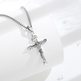INFUSEU Jesus Necklace for Men, 925 Sterling Silver Cross Pendant Crucifix Orthodox Jewelry Catholic Religious Protection for Men Women