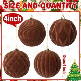 Blueweenly 4 Pcs 4 Inch Large Velvet Christmas Ball Ornaments Vintage Christmas Plastic Ball Ornaments Flocked Christmas Tree Hanging Ornament for Xmas Party Wedding Home Decor(Brown)