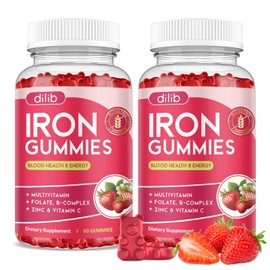 2 Pack Iron Gummies with Multivitamin, Iron Supplement for Women & Men with Zinc, Vitamin B Complex & C, B12, Folate - Blood Builder & Energy Support for Adults & Kids - Strawberry Flavor, Vegan 120ct