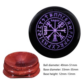 KYEYGWO Natural Black Obsidian Crystal Ball with Wooden Stand Runes Feng Shui Round Sphere Figurine for Home Office Decor, Purple