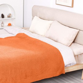 Vessia Orange Knitted Throw Blanket for Adults, Soft and Warm Breathable Fluffy Fall Blanket for Couch, Sofa, Bed, Reversible Cozy and Fuzzy Knitted Blanket for All Season(50x40inch)