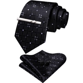 YOHOWA Black Tie for Men with Tie Clip Extra Long Plaid Silk Necktie Pocket Square Cufflinks Set Formal Wedding Party Business