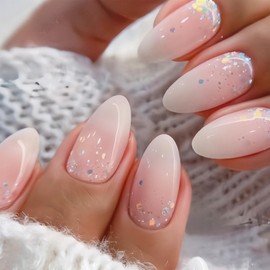 Pack of 24 False Nails Pink White Fingernails for Sticking, Medium Oval Fake Nails with Nail Nail Glue - Full Cover Flash Nail Design, DIY Nails for Women with Artificial Nails