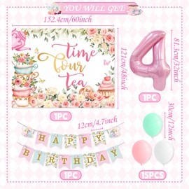 LaVenty Time Four Tea Party Decorations Tea Party Decorations Party Four 4 Balloons Party Birthday Decorations Party Banner for 4 Years Old