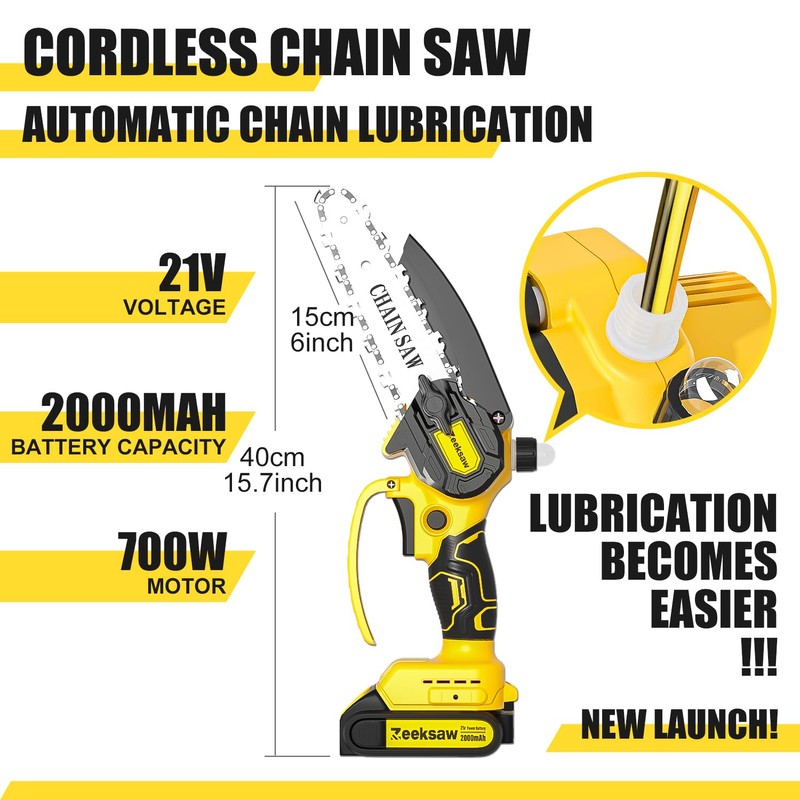 Cordless Mini Chainsaw 6 Inch, Auto Oiler &Tool-Box, One-Hand Handheld