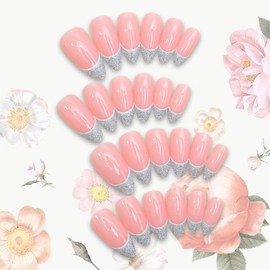 24Pcs Silver French Tips Press on Nails Medium Almond Fake Nails with Silver Glitter False Nails White Curve Line Stick on Nails Glossy Glitter Full Cover False Nails for Women Wedding Birthday