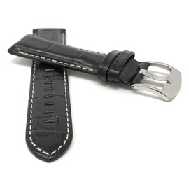Bandini Extra Long (XL) 20mm Mens Italian Leather Watch Band Strap - Black - White Stitch - Alligator Pattern